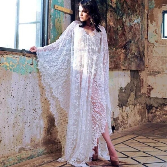 Sheer White Floral Lace Boho Dress Cover Up Beach Swim Gothic Bohemian Lingerie - Picture 4 of 10